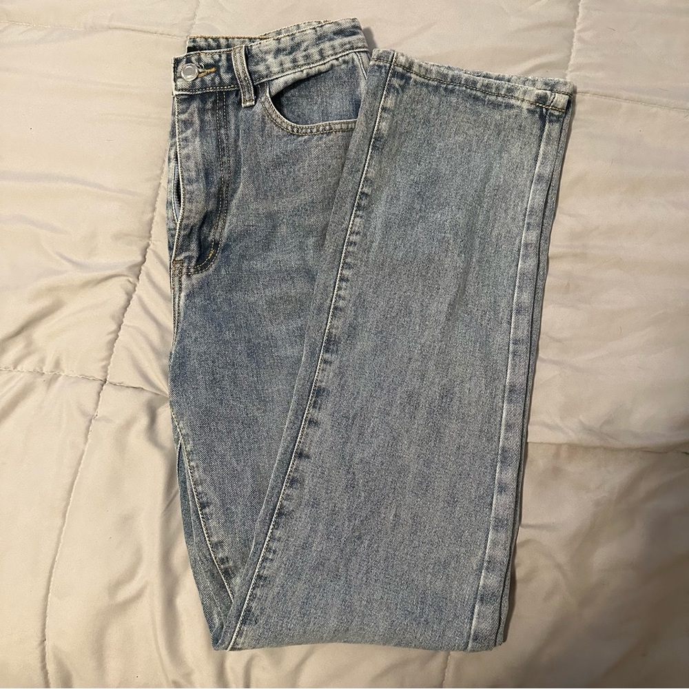 Pretty Little Thing high rise straight leg mid wash jeans
